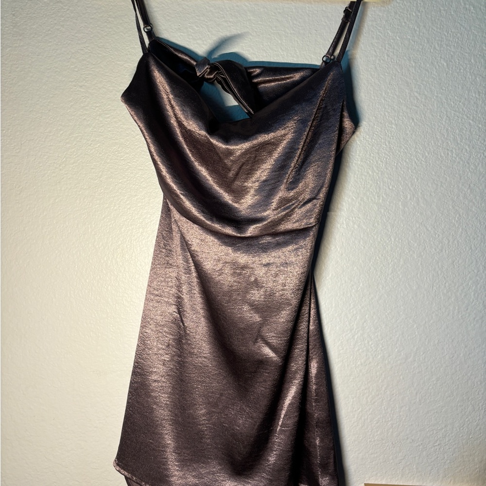 Purple satin cowl neck tie back dress